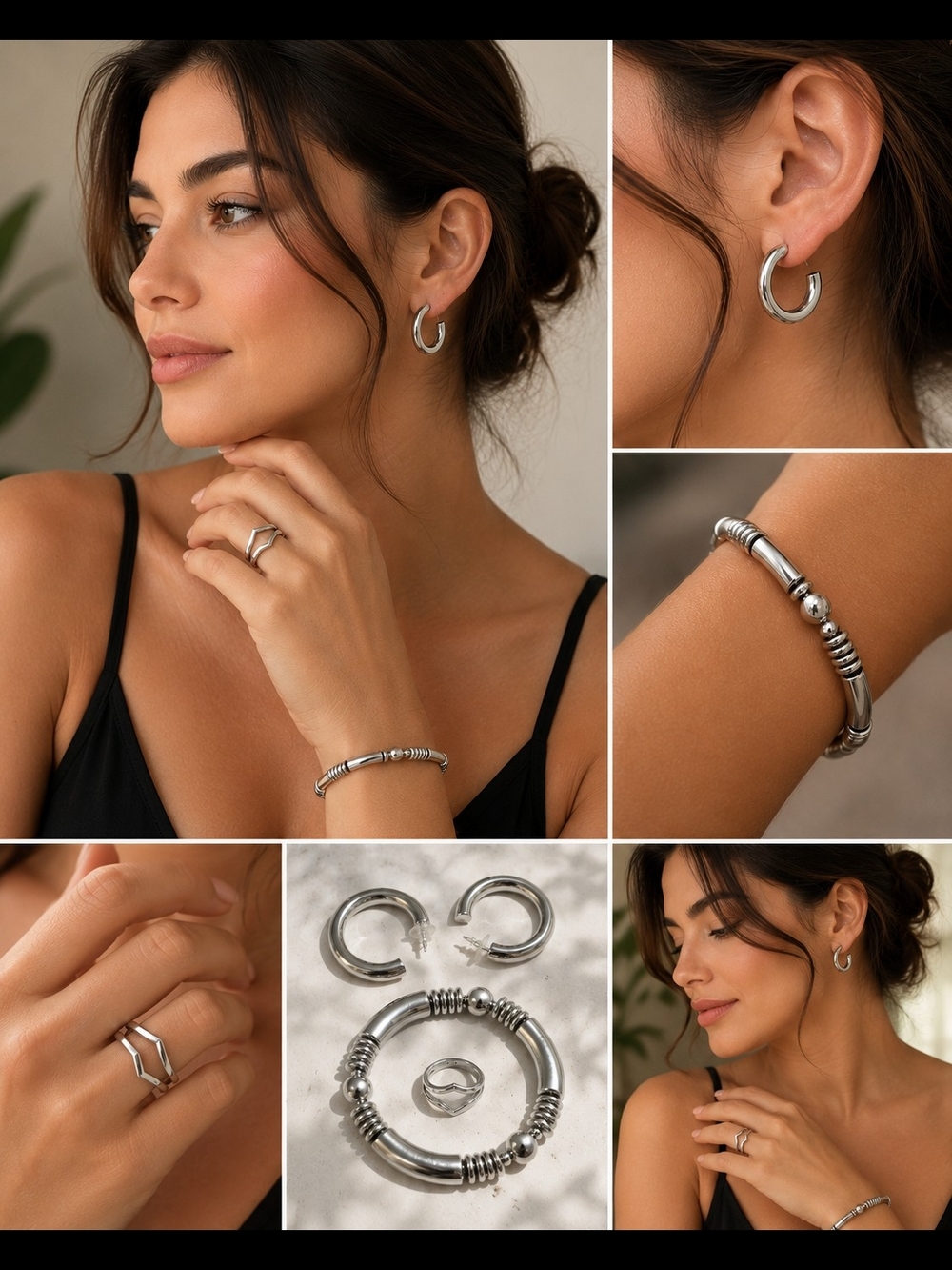 Silver Hoop Earrings and Bracelet Set - Silver Women's Jewelry